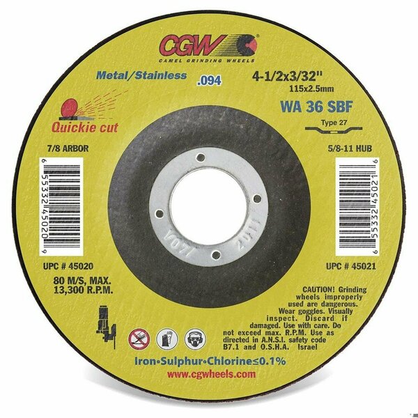 Cgw Abrasives Flat Depressed Center Wheel, 6 in Dia x 3/32 in THK, 7/8 in Center Hole, 36 Grit, White Aluminum Oxi 45024